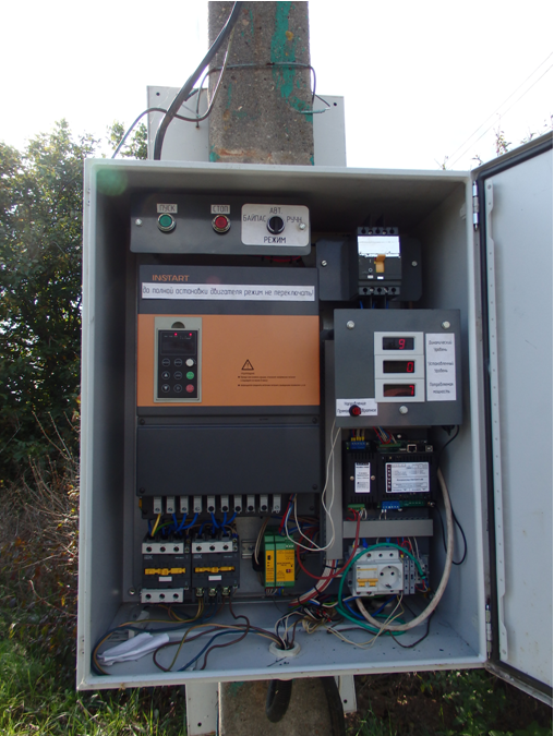 Шкаф управления погружным насосом с частотным регулированием,
поддерживает заданный уровень воды в скважине 